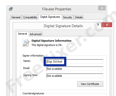 Screenshot of the Digi Docket certificate